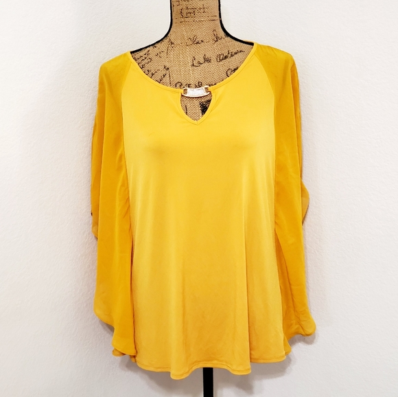 Notations Tops - Notations bright yellow flutter sleeve top tunic goldtone rhinestones detail Med